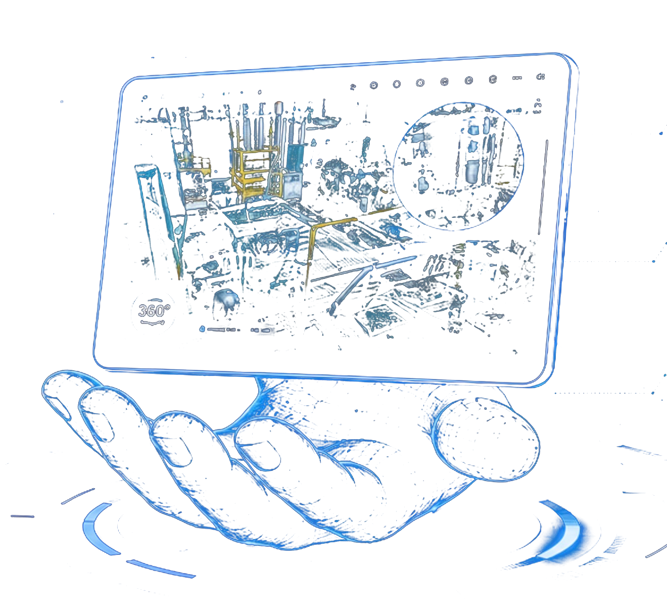 Mano sosteniendo tablet con recorrido 360° industrial JALM